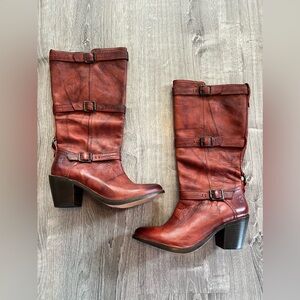 Frye Women's Mid-Calf Leather Heeled Boots in Distressed Red-Brown